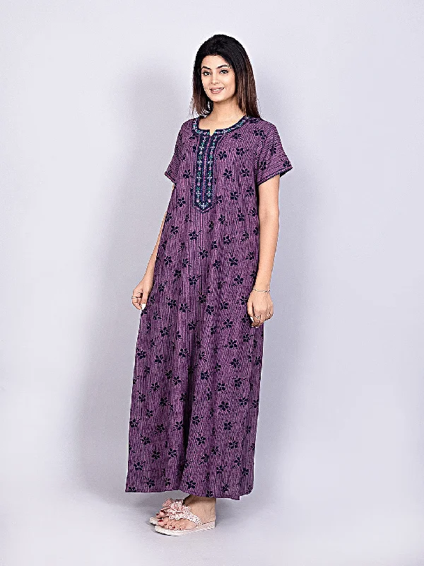 Evolove Alpine Fabric Nighty Maxi for Women with Side Pocket and Neckline Embroidery | Printed Short Sleeves Full Length Night Wear Gown