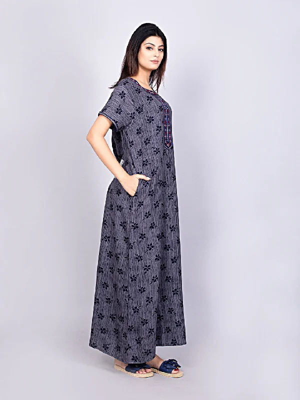 Evolove Alpine Fabric Nighty Maxi for Women with Side Pocket and Neckline Embroidery | Printed Short Sleeves Full Length Night Wear Gown