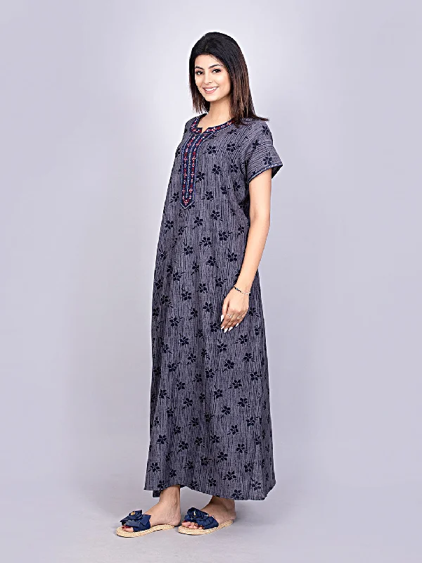 Evolove Alpine Fabric Nighty Maxi for Women with Side Pocket and Neckline Embroidery | Printed Short Sleeves Full Length Night Wear Gown