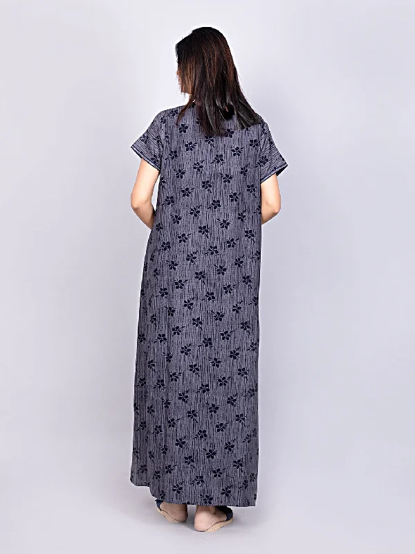 Evolove Alpine Fabric Nighty Maxi for Women with Side Pocket and Neckline Embroidery | Printed Short Sleeves Full Length Night Wear Gown