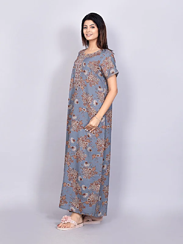 Evolove Alpine Fabric Nighty Maxi for Women with Side Pocket and Neckline Embroidery | Printed Short Sleeves Full Length Night Wear Gown