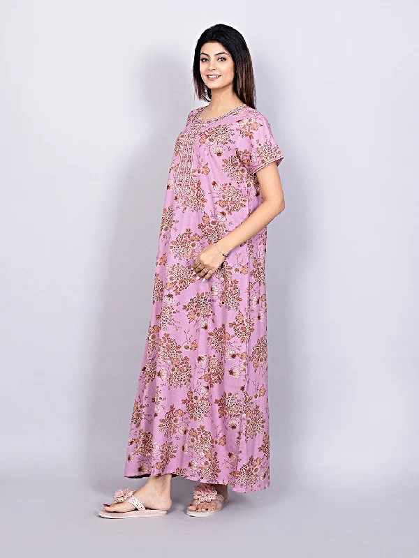 Evolove Alpine Fabric Nighty Maxi for Women with Side Pocket and Neckline Embroidery | Printed Short Sleeves Full Length Night Wear Gown