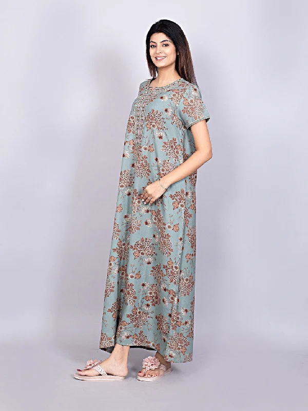 Evolove Alpine Fabric Nighty Maxi for Women with Side Pocket and Neckline Embroidery | Printed Short Sleeves Full Length Night Wear Gown