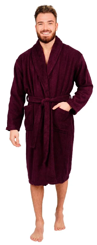 Mens Aubergine Cotton Towelling Shawl Collar Bathrobe