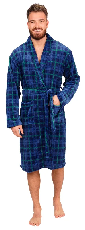 Mens Blue Checked Flannel Fleece Bathrobe