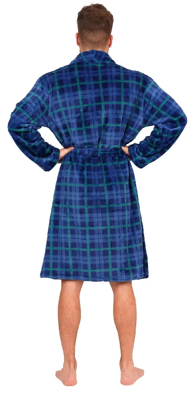 Mens Blue Checked Flannel Fleece Bathrobe