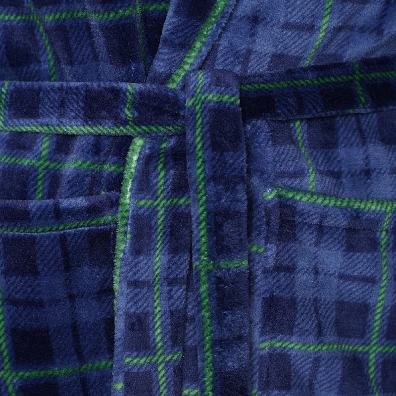 Mens Blue Checked Flannel Fleece Bathrobe