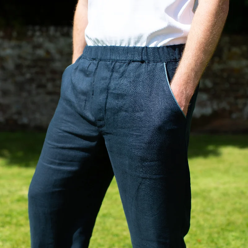 Men's Navy Linen Pyjama Bottoms