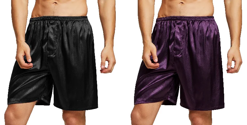 Men's Satin Boxers Shorts Underwear Pack of 2-Black+Purple