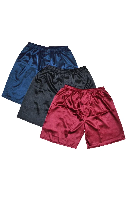 Men's Satin Boxers Shorts Underwear Pack of 3-Black+Burgundy+Navy Blue