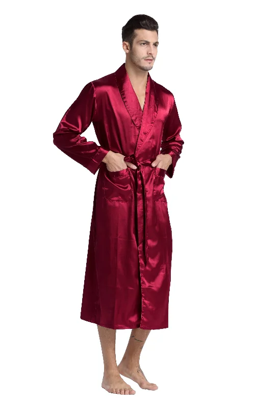 Men's Satin Long Robe with Shawl Collar-Burgundy