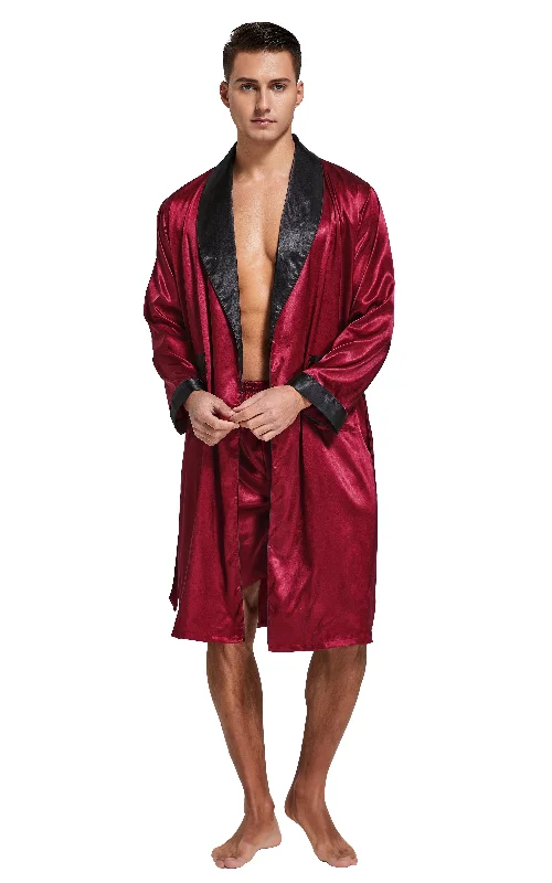 Men's Satin Long Sleeve Robe with Shorts Set-Burgundy with Black Collar