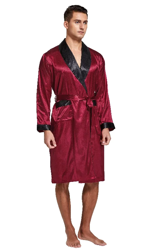 Men's Satin Long Sleeve Robe with Shorts Set-Burgundy with Black Collar