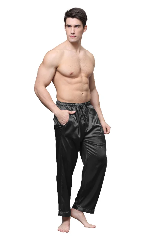 Men's Satin Pajama Pants, Long PJ Bottoms-Black