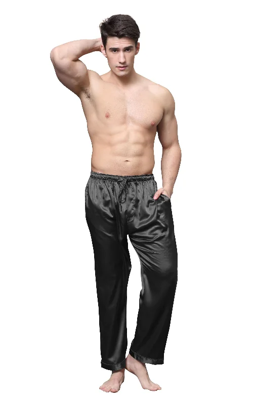 Men's Satin Pajama Pants, Long PJ Bottoms-Black