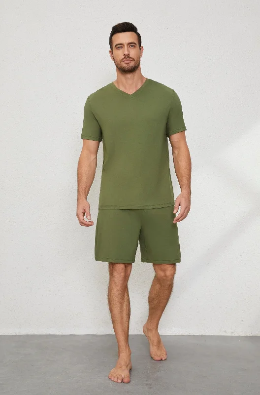 Men's V Neck Tee Set in Military Green