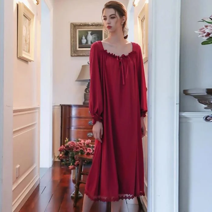 Long V-neck Solid Color Retro Style Nightdress