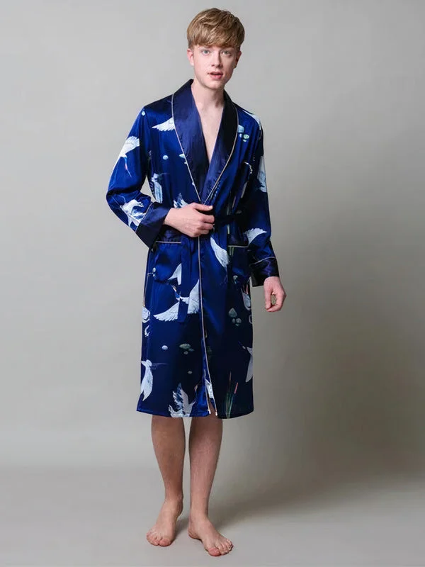 Robe de Chambre en Satin pour Homme Imprimé Cigogne ""Bleu Marine""