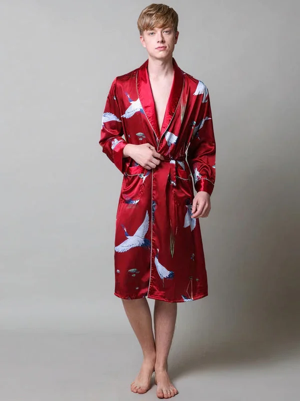 Robe de Chambre en Satin pour Homme Imprimé Cigogne ""Rouge""