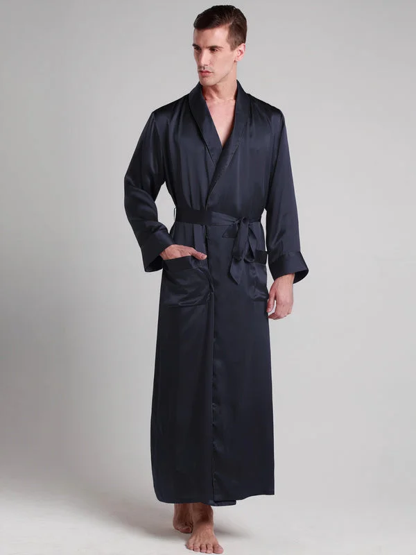 Robe de Chambre en Soie pour Homme Longueur Classique ""Bleu Marine""