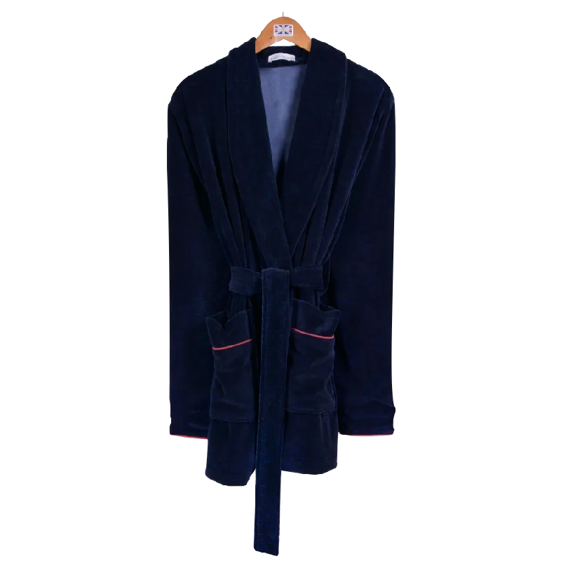 Rockefeller Luxury Cotton Short Velvet Smoking Jacket in Navy