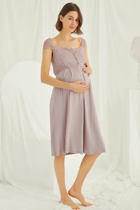 Shopymommy 18439 Lace Maternity & Nursing Nightgown Coffee