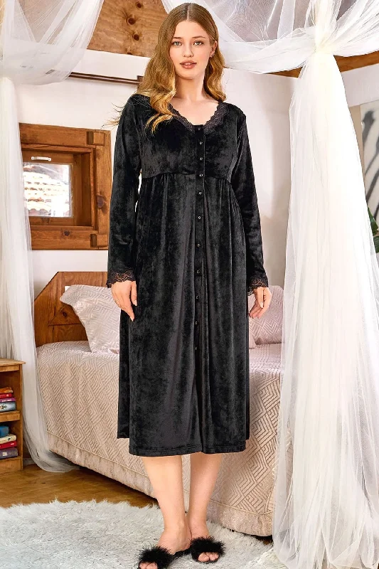 Shopymommy 24165 Velvet Lace Maternity & Nursing Nightgown Black