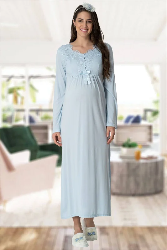 Shopymommy 5415 Elegant Lace Maternity & Nursing Nightgown Blue