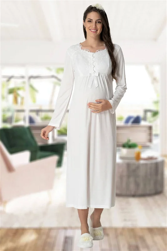 Shopymommy 5415 Elegant Lace Maternity & Nursing Nightgown Ecru