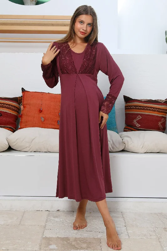 Shopymommy 55102 Silence Lace Embroidered Maternity & Nursing Nightgown Plum