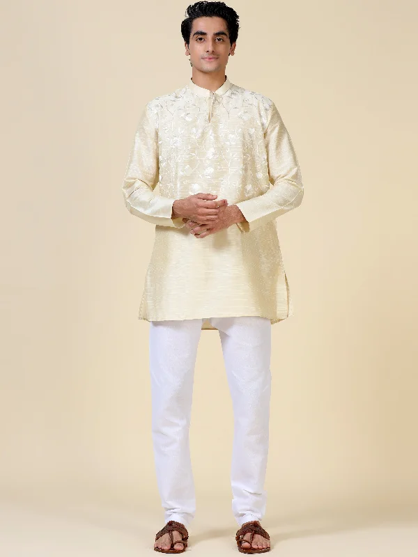 Tattva Men Embroidered Cotton Blend Asymmetric Kurta