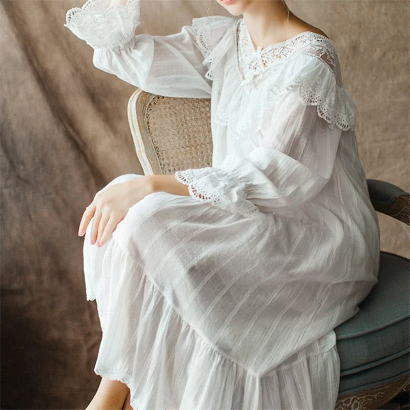 Vintage nightgown, midcalf, Victorian nightie, vintage Dress, White Cotton Flare Ruffle, Summer Nightgown T29