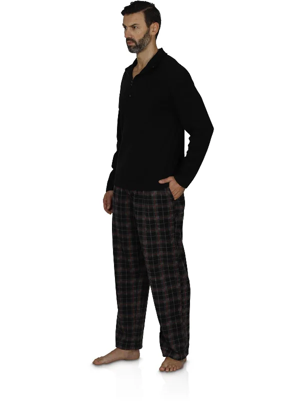 Intimo Men's Long Sleeve Solid Quarter Zip Microfleece Top and Microfleece Plaid Pant, Black